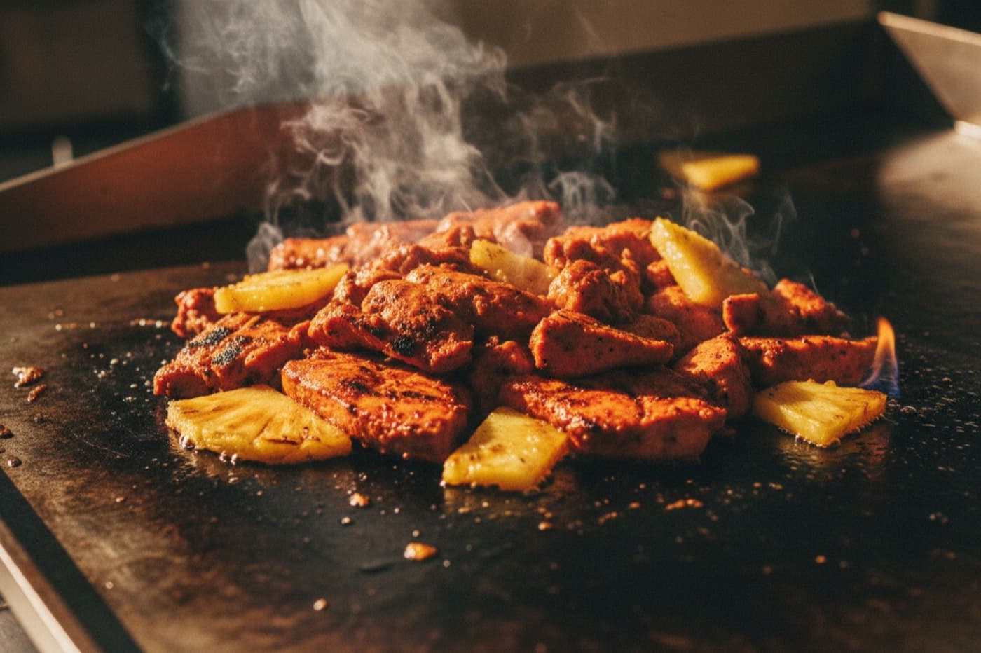 Al pastor chicken searing on the flat top