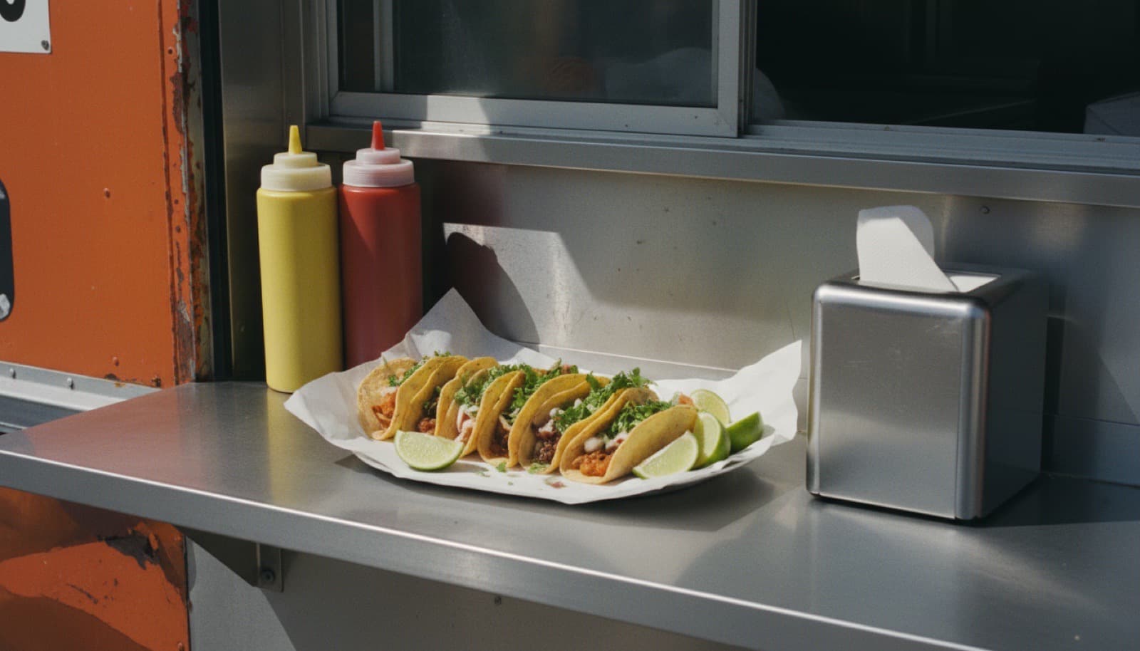 Tacos on butcher paper at the Taco Fuego KC serving window
