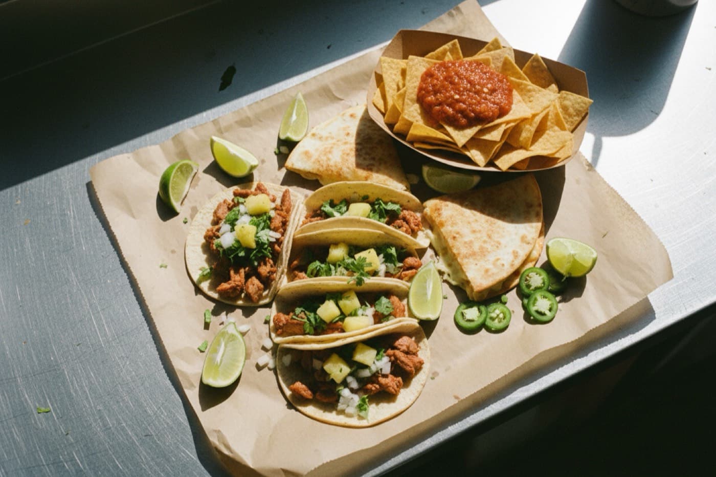 Taco spread on butcher paper off the truck