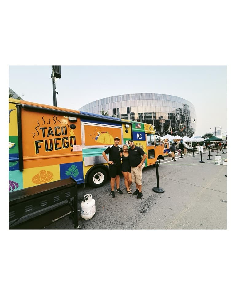 The Taco Fuego KC crew in front of the truck outside T-Mobile Center in Kansas City